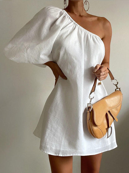 Women’s One-Shoulder Dress - Puffed Sleeve - Fitted Bodice - Lightweight Elegant Fit