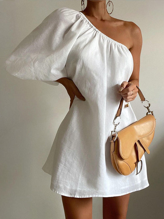 One-Shoulder Elegant Fit Puffed Sleeve Dress
