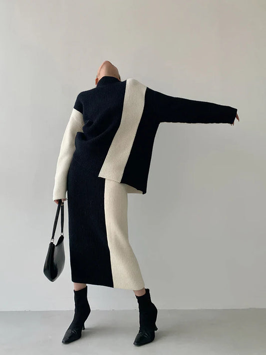 Color Contrast High-Neck Sweater Skirt Set