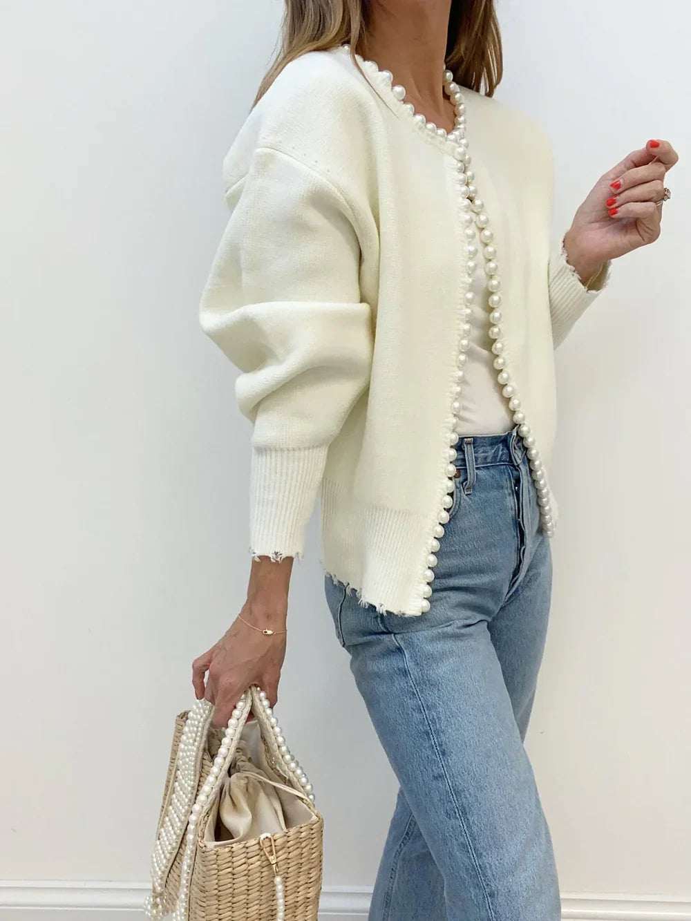 Women's luxury cardigan with pearl edge