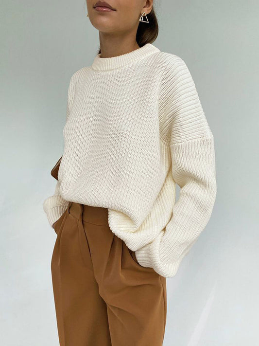Ribbed Knit Relaxed Fit Crew Neck Sweater