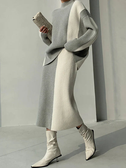 Women's color contrast high-neck sweater skirt set