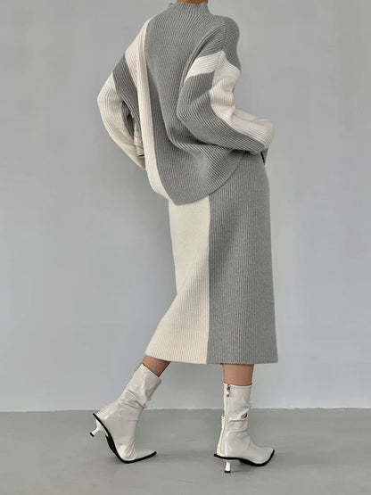 Women's color contrast high-neck sweater skirt set