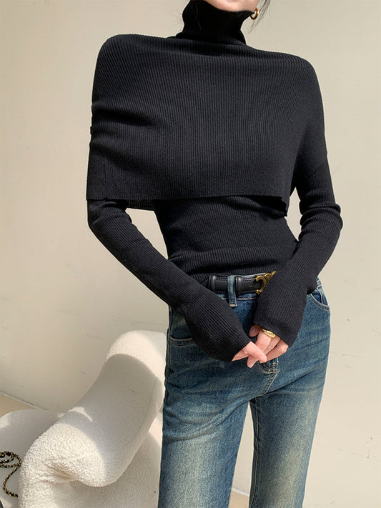 Turtleneck Poncho Design Two-Piece Sweater Set