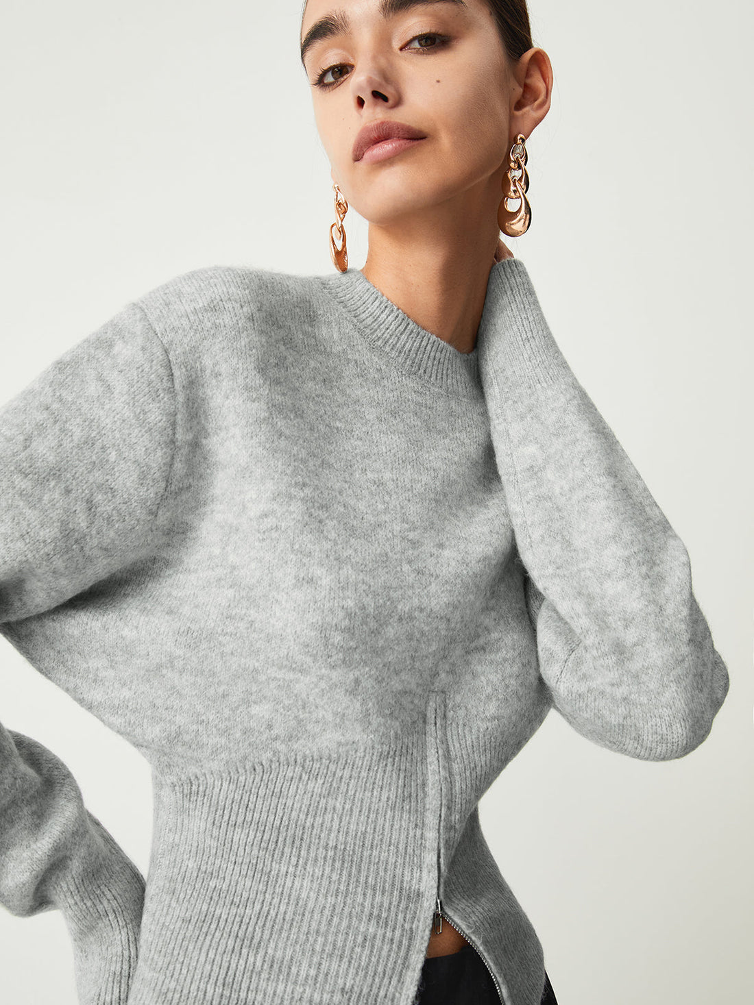 Half zip fuzzy sweater for women with round neckline