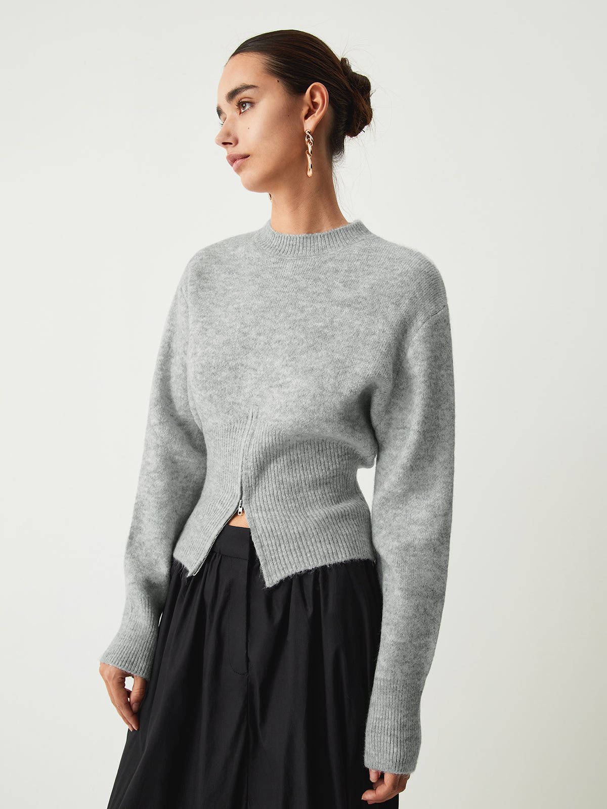 Half zip fuzzy sweater for women with round neckline