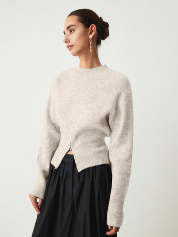 Half zip fuzzy sweater for women with round neckline