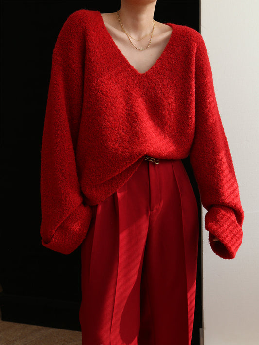 Solid Knit V-Neck Long Sleeve Sweater