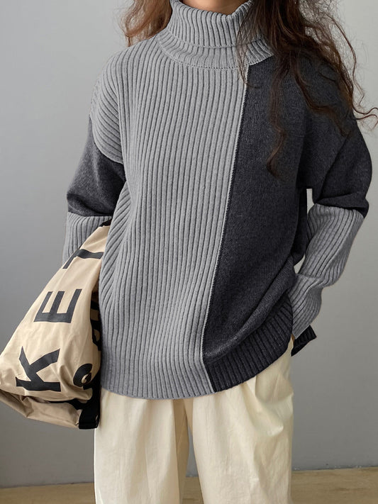 Two-Tone Ribbed Knit High Neck Sweater