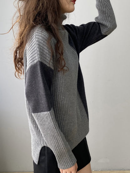 Women's two tone colorblock high neck ribbed knit sweater