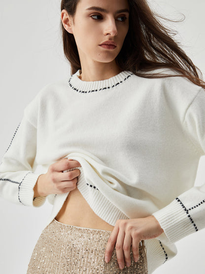 Women's knit contrast trim crew neck sweater