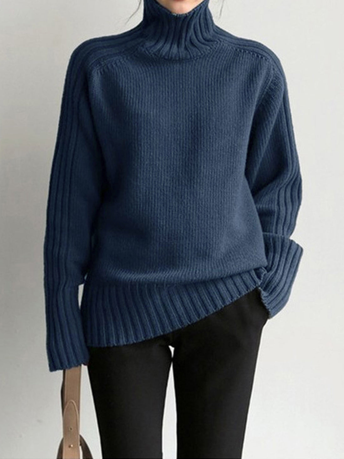 Solid high neck knit sweater for women