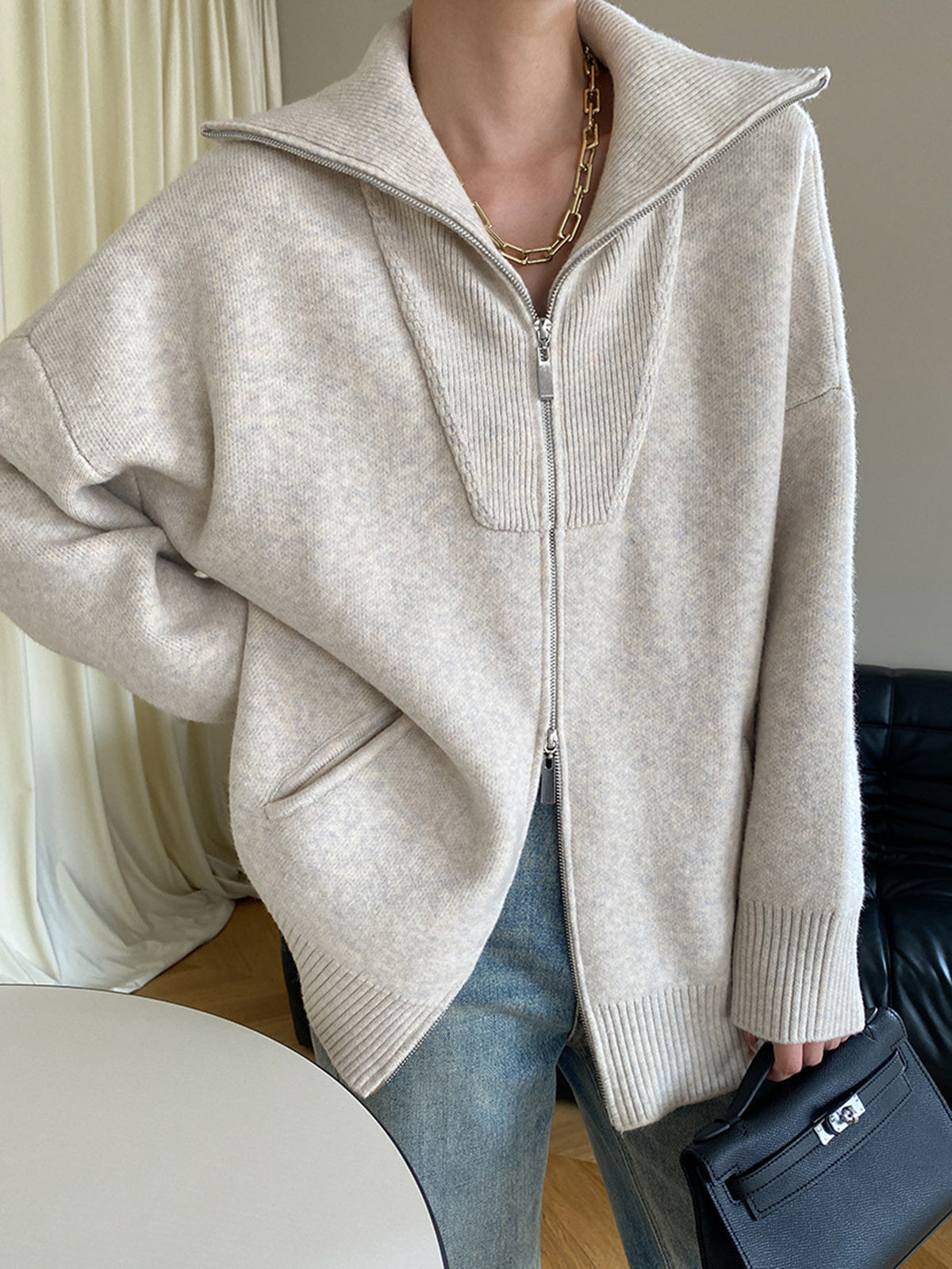 Women's oversized open collar cardigan with front pocket