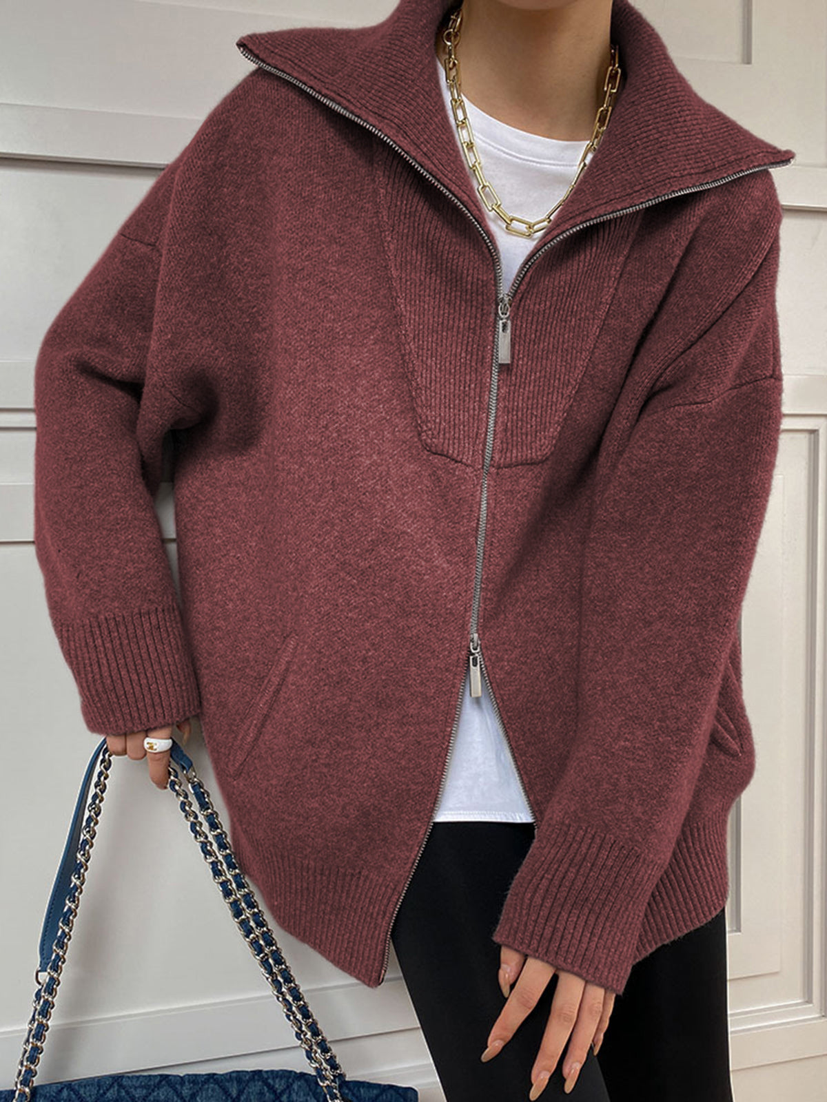 Women's oversized open collar cardigan with front pocket