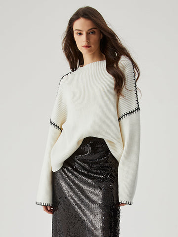 Women's loose contrast trim sweater