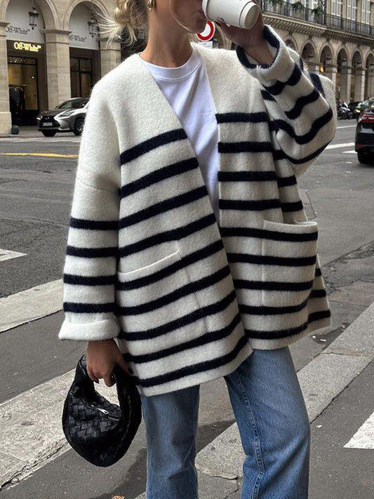 Oversized Stripe Knit Pocket Cardigan