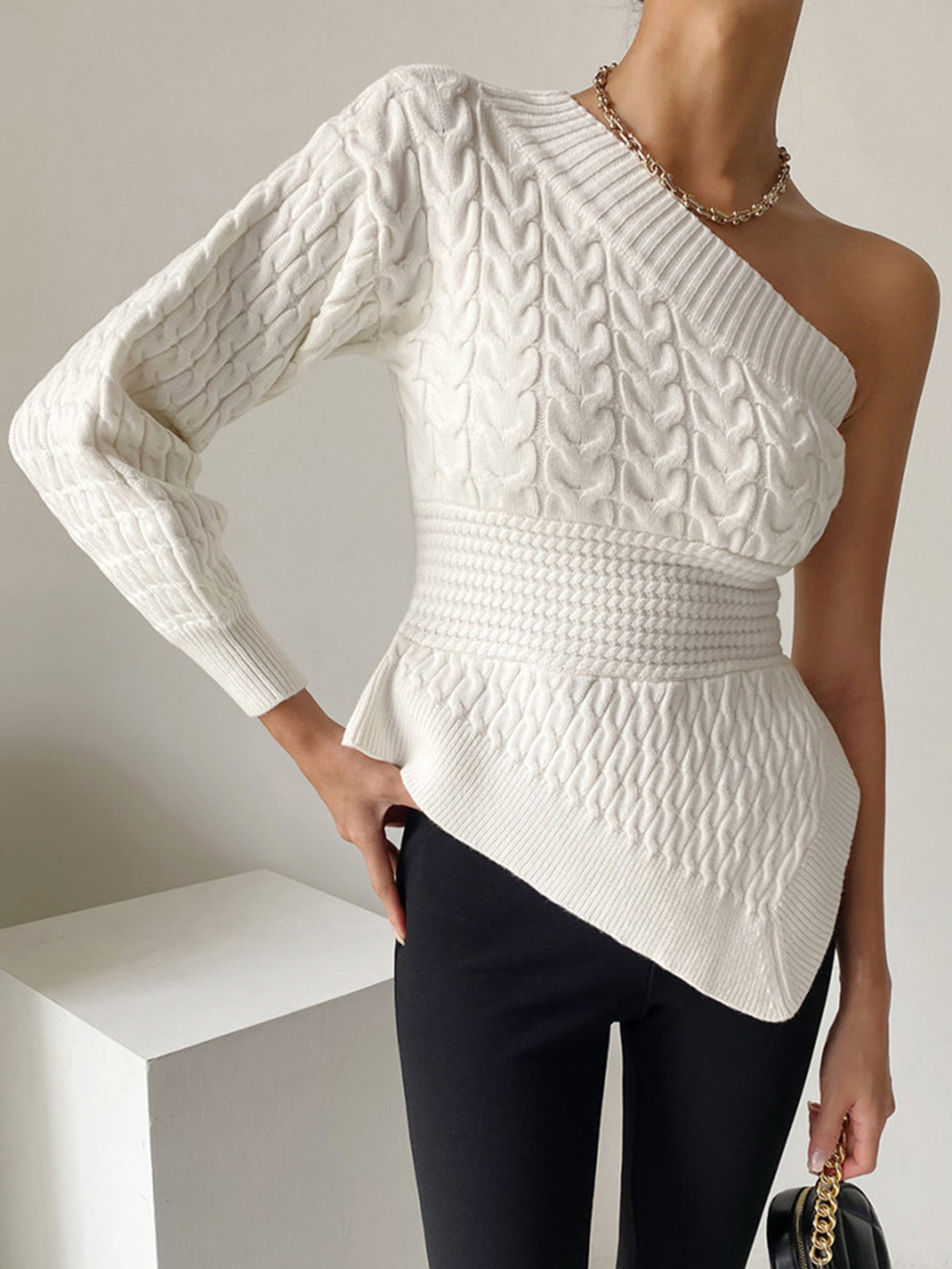 Stylish women's one shoulder asymmetrical cable knit sweater