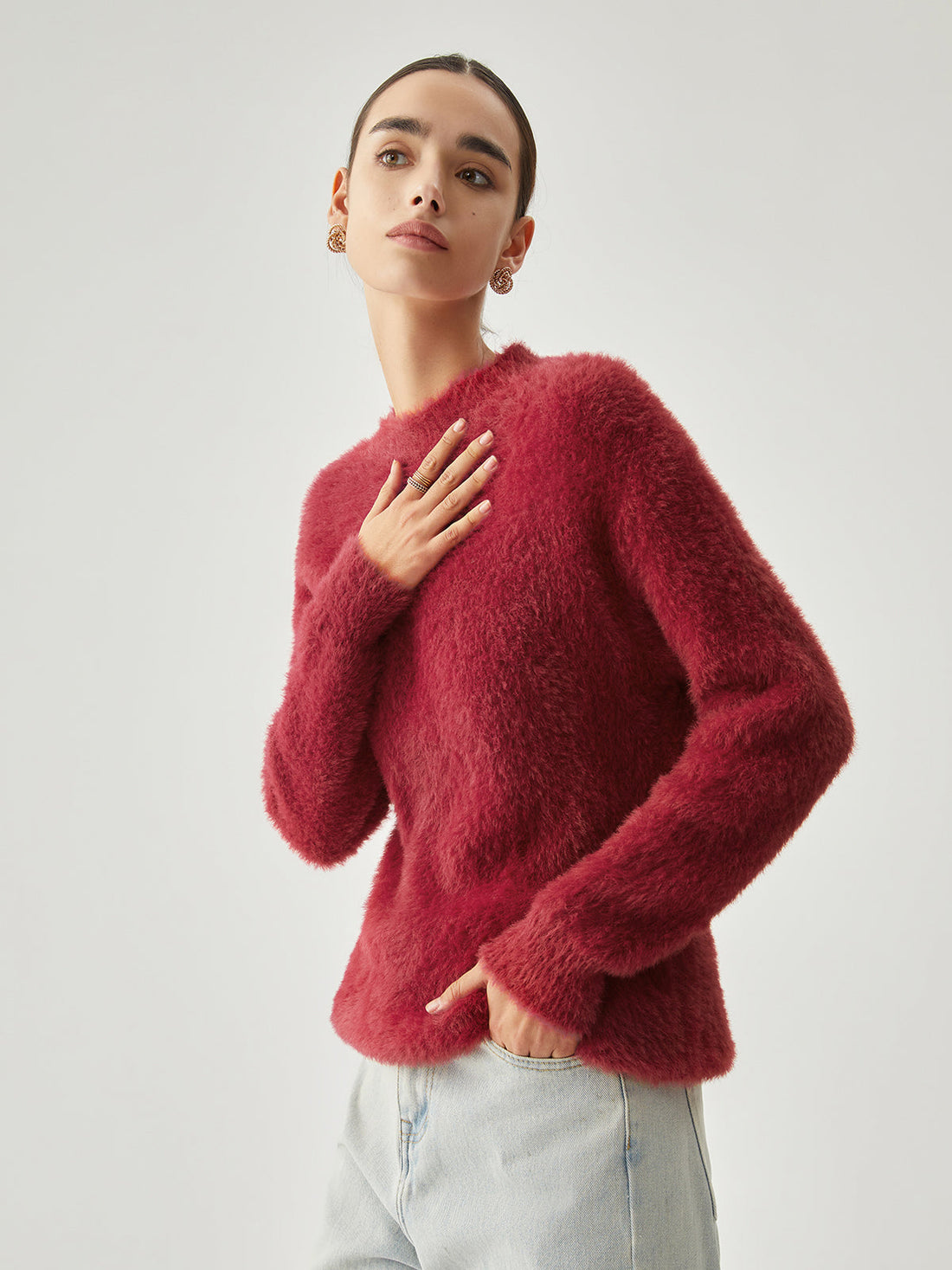 Women's round neck soft fuzzy sweater