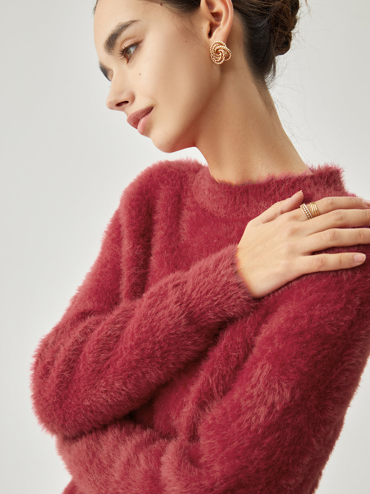 Women's round neck soft fuzzy sweater