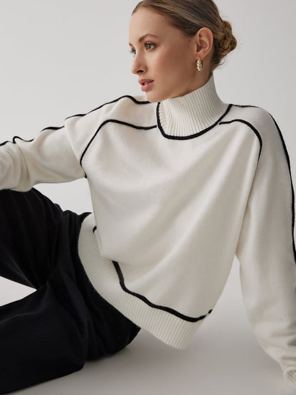 Stylish turtleneck long sleeve sweater with black striped design