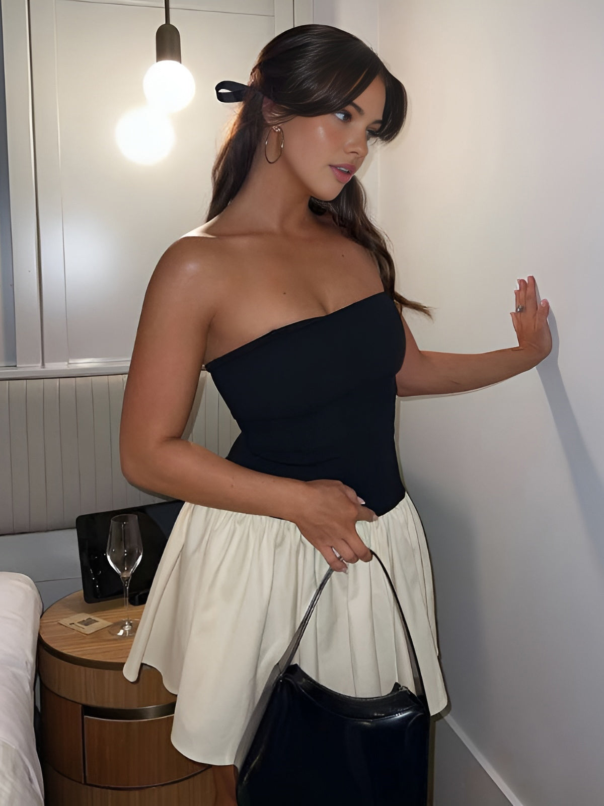 Women's Strapless Mini Dress - Fitted Bandeau Top - Ruffled Flared Skirt