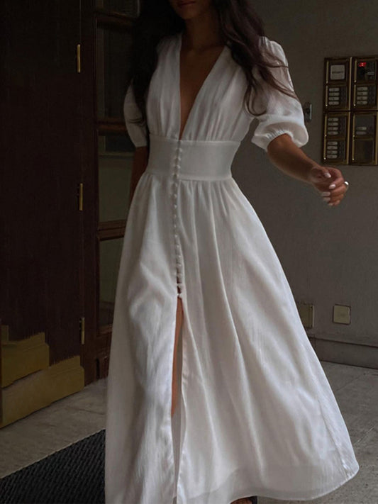 Buttoned Slit French Maxi Dress
