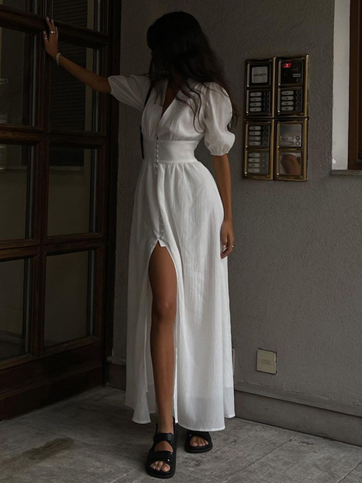 French Maxi Dress with Buttons and Slit