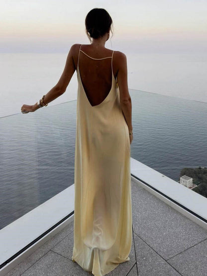Women's Slip Dress - Satin Silk Feel - Spaghetti Straps - Backless Floor-Length Elegant