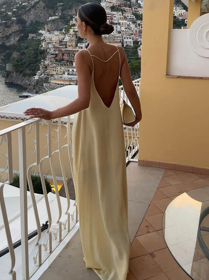 Women's Slip Dress - Satin Silk Feel - Spaghetti Straps - Backless Floor-Length Elegant