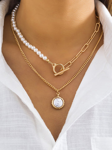 Makena - faux pearl disc pendant necklace set