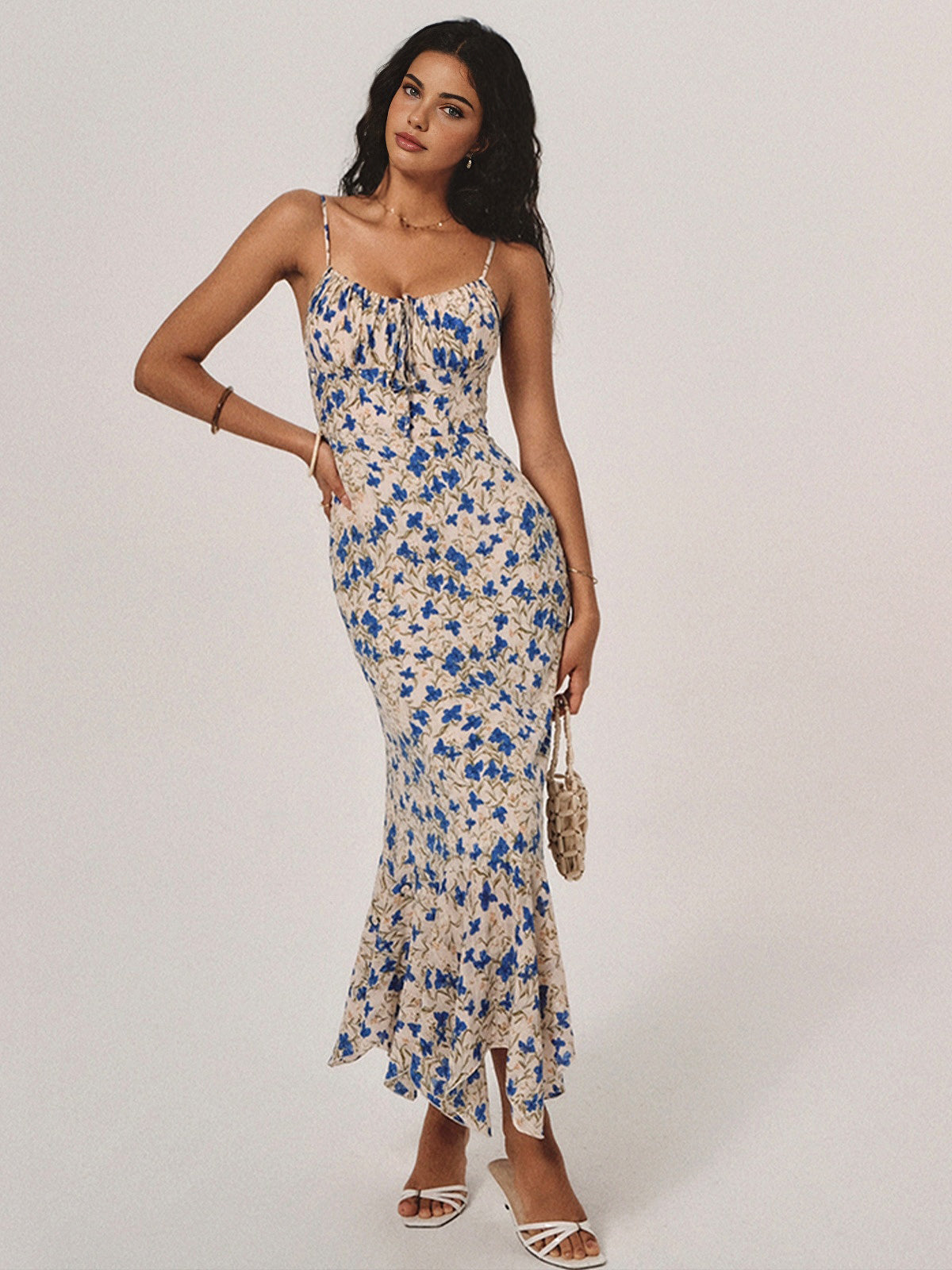 Floral Dress with Button Detail and Asymmetrical Hem