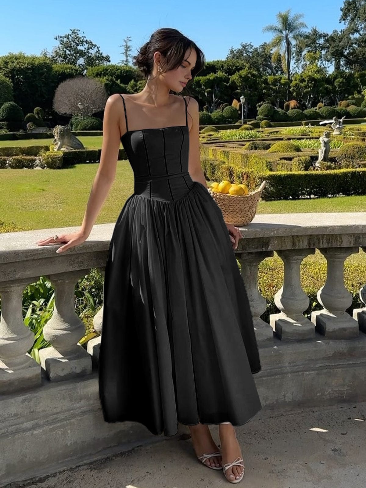 Women’s Long Dress – Satin-Like Fabric – Structured Bodice – Spaghetti Straps – A-Line Fit