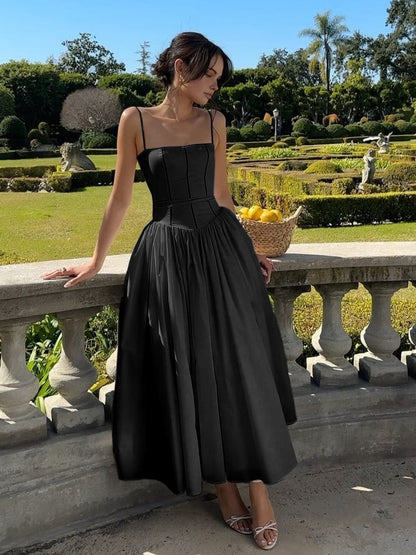 Women’s Long Dress – Satin-Like Fabric – Structured Bodice – Spaghetti Straps – A-Line Fit