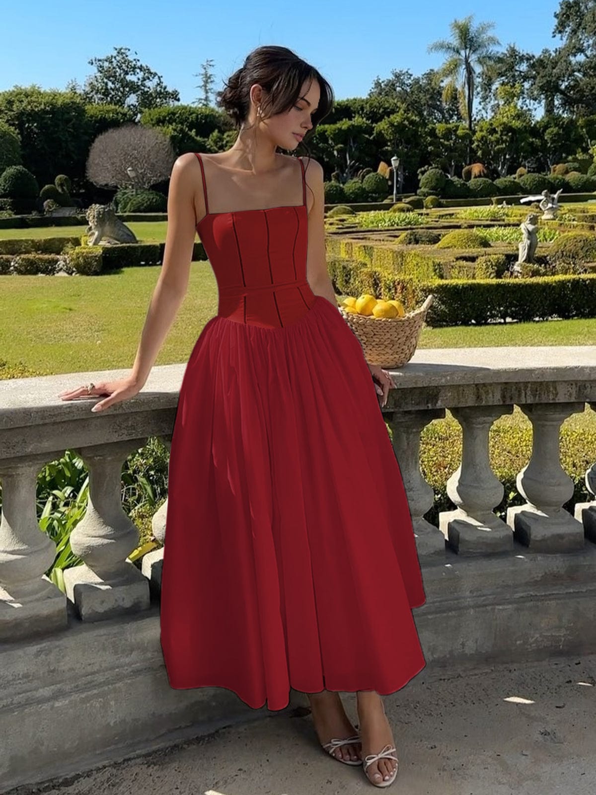 Women’s Long Dress – Satin-Like Fabric – Structured Bodice – Spaghetti Straps – A-Line Fit