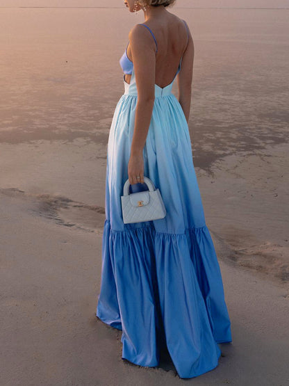 Women's Maxi Dress - Spaghetti Straps - Cut-Out Waist - Flowing Tiered Skirt