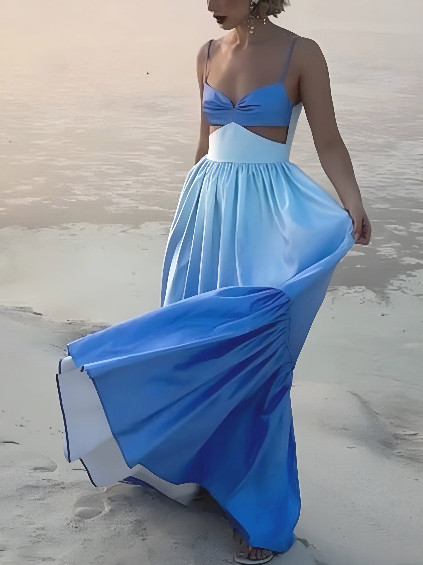 Women's Maxi Dress - Spaghetti Straps - Cut-Out Waist - Flowing Tiered Skirt