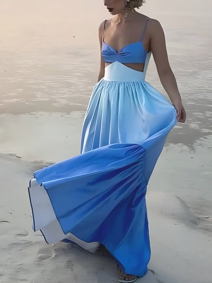 Women's Maxi Dress - Spaghetti Straps - Cut-Out Waist - Flowing Tiered Skirt