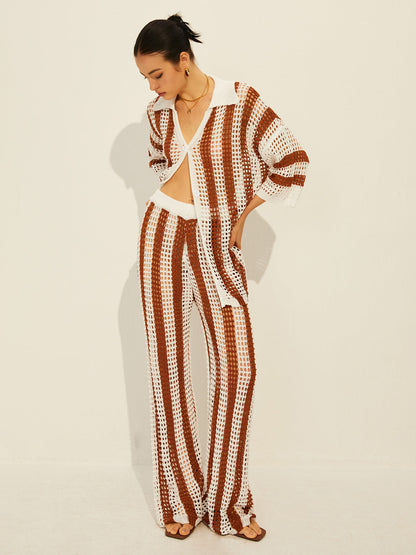 Women’s Crochet Knit Set – Relaxed Fit – Wide-Leg Pants – Breezy V-Neck Top