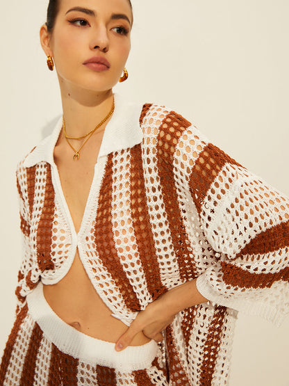 Women’s Crochet Knit Set – Relaxed Fit – Wide-Leg Pants – Breezy V-Neck Top