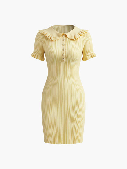 Women's Ribbed Knit Dress - Slim Fit - Short Sleeve - Ruffled Collar - Button Accent