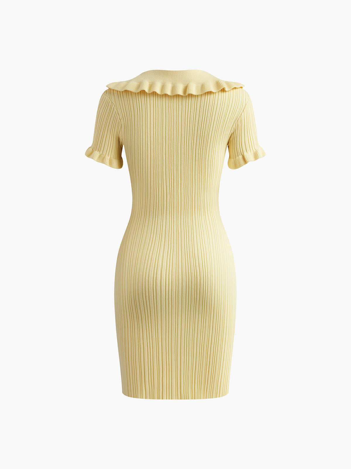 Women's Ribbed Knit Dress - Slim Fit - Short Sleeve - Ruffled Collar - Button Accent