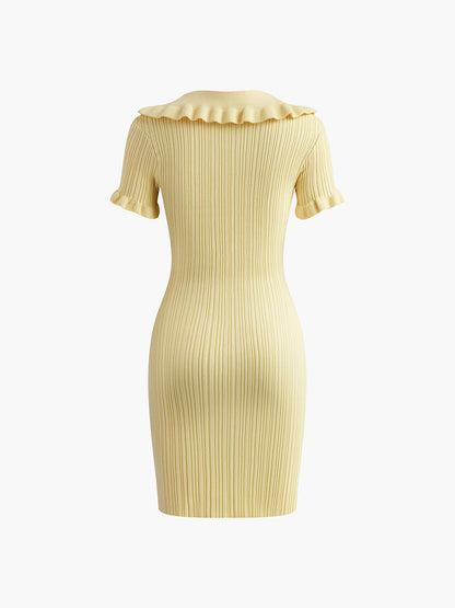 Women's Ribbed Knit Dress - Slim Fit - Short Sleeve - Ruffled Collar - Button Accent