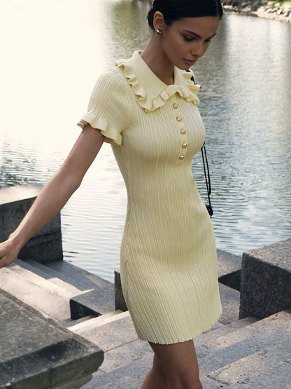 Women's Ribbed Knit Dress - Slim Fit - Short Sleeve - Ruffled Collar - Button Accent