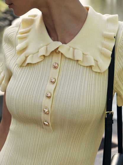Women's Ribbed Knit Dress - Slim Fit - Short Sleeve - Ruffled Collar - Button Accent