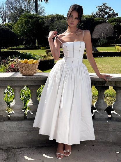 Women’s Long Dress – Satin-Like Fabric – Structured Bodice – Spaghetti Straps – A-Line Fit