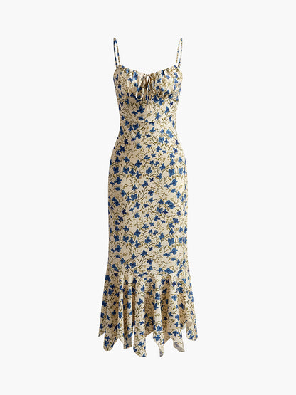Floral Dress with Button Detail and Asymmetrical Hem