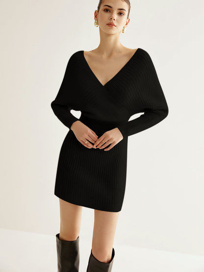 Women’s Knit Mini Dress - Ribbed Texture - Deep V-Neck - Long Sleeve Fitted Style