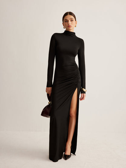 Women's Evening Gown - Turtleneck Long Sleeve - Ruched Waist High Slit Elegant Fit