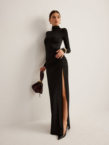 Women's Evening Gown - Turtleneck Long Sleeve - Ruched Waist High Slit Elegant Fit