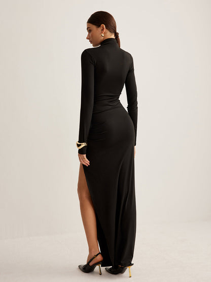 Women's Evening Gown - Turtleneck Long Sleeve - Ruched Waist High Slit Elegant Fit